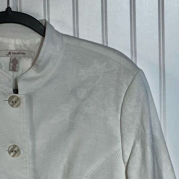JM Collection Linen Button Front Jacket Women 12 White Long Sleeve Lined Pocket - Picture 3 of 11
